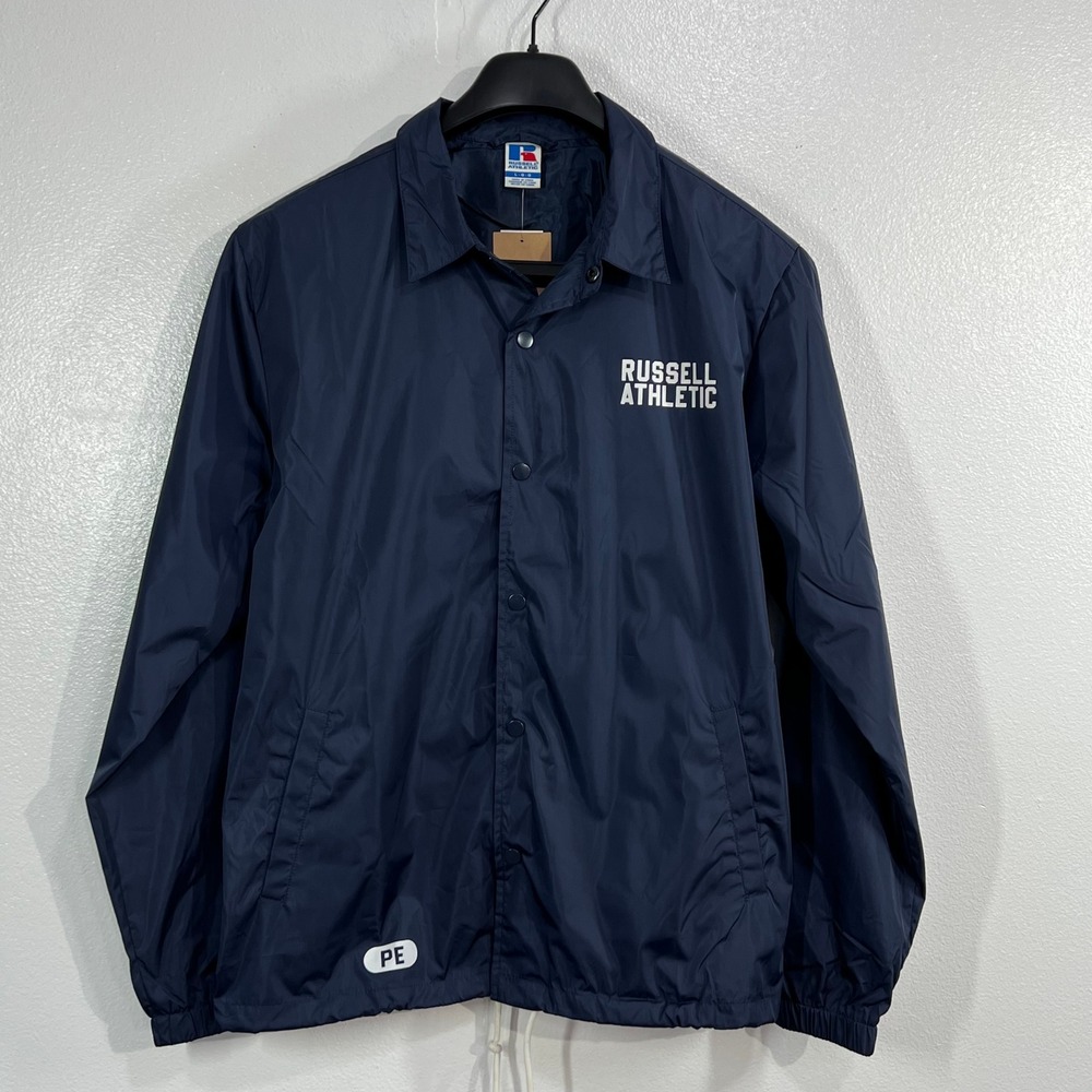 Russell Athletic Mens Large Navy Blue Coaches‎ Jacket Windbreaker Snap Front NEW
